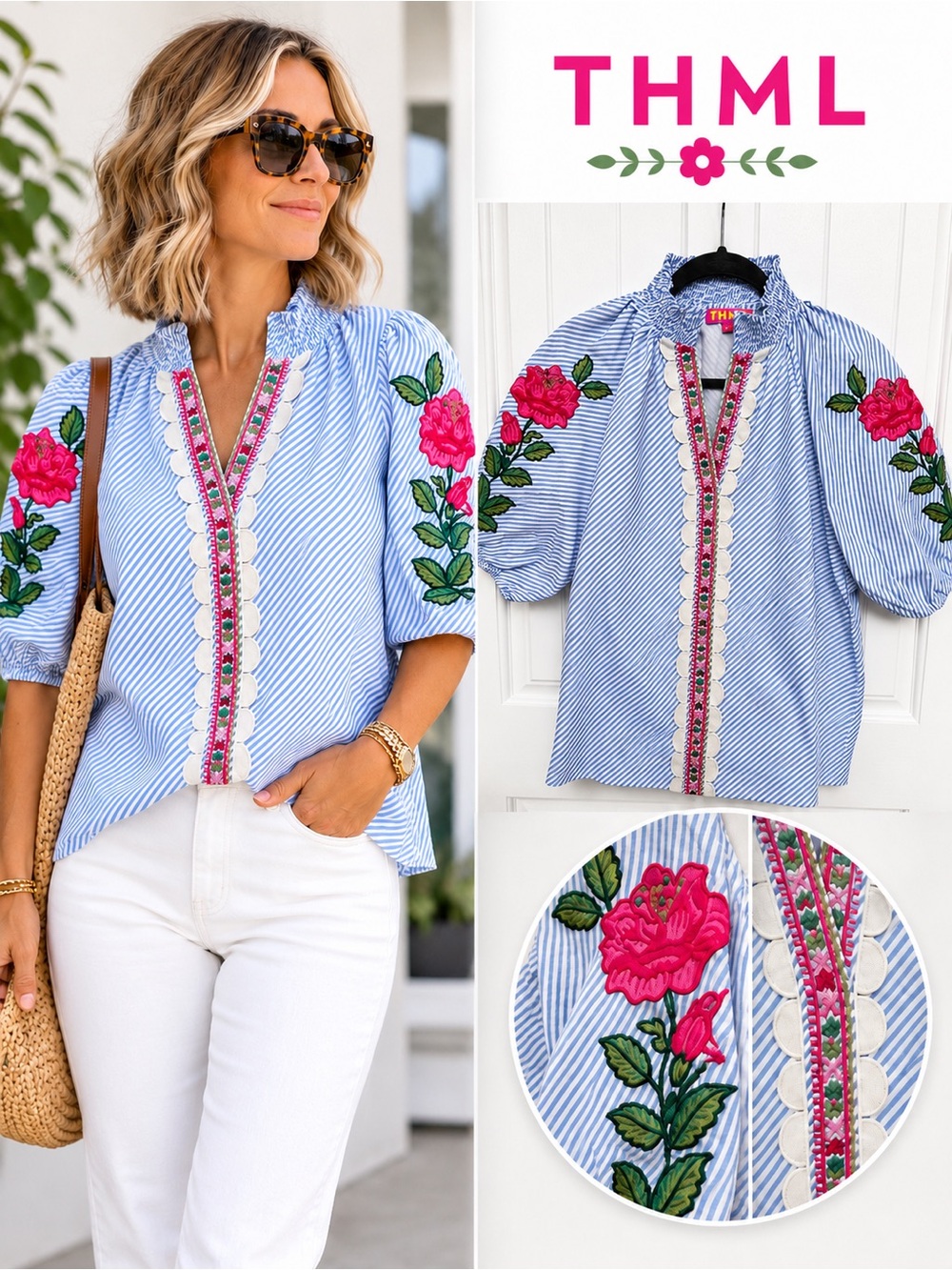 🌷NWOT🌷THML Blue Embroidered Stripe Puff Sleeve Blouse